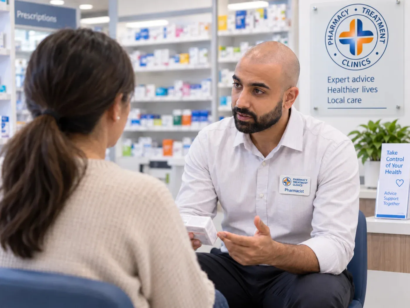 A pharmacist talking with a patient