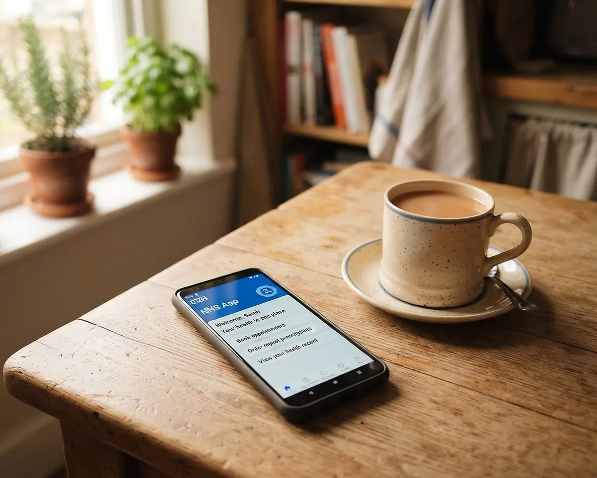 A phone showing the NHS App on a kitchen table